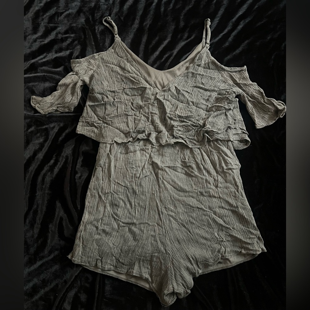 See You Monday Gray Asymmetrical Flutter Cold Shoulder Sleeve Romper
